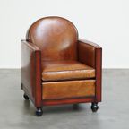 In Goede Staat Verkerende, Mooie, Cognac Kleurige, Schapenleren Art Deco Design Fauteuil thumbnail 2