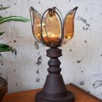 Grote Vintage Lotusbloem Waxinelichthouder Bewerkt Rookglas thumbnail 2
