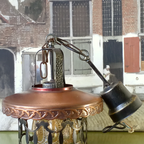Vintage Brutalist Hanglamp Gehamerd Metaal Amberkleurig Glas Koperen Kap thumbnail 3