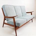 Vintage Teakhouten Bank 3 Zits Licht Blauw Ribstof Teak Hout thumbnail 5