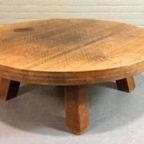 Vintage Massief Eiken Wabi Sabi Brutalist Salontafel, Rond thumbnail 5