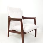 Vintage Teak Houten Fauteuil Creme Beige Stof Nieuwe Stof thumbnail 2