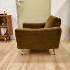 Vintage Fauteuil Stoel Ribstof Groen Messing thumbnail 9