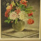 Bloemen In Vaas Stilleven Schilderij Olie Op Doek Ingelijst Gesigneerd thumbnail 6