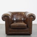 Grote, Correct Afgewerkte Vintage Donkere Gladde Rundleren Engelse Stijl Chesterfield Fauteuil thumbnail 3