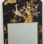 Mooie Zwart Gelakte Vintage Chinese Spiegel Met Prachtige Kleurrijke Tekeningen thumbnail 4