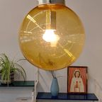 Vintage Hanglamp Messing Goudgeel Bol Glas thumbnail 2