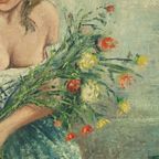 Vintage Schilderij Vrouw Bloemenpluk Acrylverf Op Doek Gesigneerd thumbnail 2