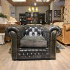 Stoere Engelse Chesterfield Vintage Club Fauteuil Zwart Generfd Leer thumbnail 2