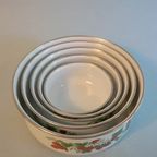Vintage Strawberry Enamel Food Storage Bowls Containers With Plastic Lid Stackable thumbnail 5