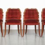 Unieke Set Van 4 Originele Art Deco “wolken” Eetkamerstoelen Met Luxe Rode Bekleding thumbnail 14
