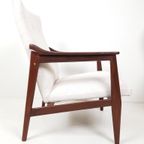 Vintage Teak Houten Fauteuil Creme Beige Stof Nieuwe Stof thumbnail 6