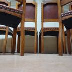 Set Van 6 Eiken Art Deco Eetkamerstoelen In Bruin Leer thumbnail 8