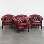 Unieke Set Van 4 Mooie Engelse Rundleren Chesterfield Clubfauteuils In Een Gevlamde Rode Kleur thumbnail 5