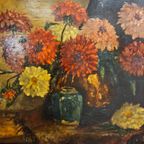 Groot Antiek Olieverf Schilderij Stilleven Bloemen Met Gemberpot 106X136Cm Barok Lijst thumbnail 5