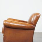 In Goede Staat Verkerende En Comfortabele Mooie Cognac-kleurige Antieke Schapenleren Armchair thumbnail 6