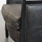 Unieke En Karaktervolle, Strakke Zwarte Art Deco Design Rundleren En Houten Armchair thumbnail 12