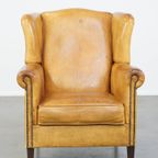 Charmante, Comfortabele, Licht Gekleurde Vintage Engelse Stijl Rundleren Oorfauteuil thumbnail 3