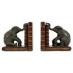 Vintage Koppel Boekensteunen Olifant Gepatineerd Brons Hout Leder thumbnail 9