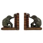 Vintage Koppel Boekensteunen Olifant Gepatineerd Brons Hout Leder thumbnail 5