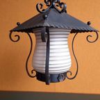 Vintage Hanglamp, Lantaarntje, Smeedijzer En Gestreept Glas thumbnail 4
