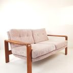 Vintage Teakhouten Bank Licht Roze Ribstof | Roze Bank Hout thumbnail 3