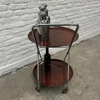 Vintage Serveerwagen Of Barcart Chroom, Rond, Houten Bladen thumbnail 7