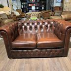 Compacte Engelse Chesterfield Zithoek 3+2 Zits Antiek Bruin Leder thumbnail 5