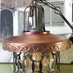 Vintage Brutalist Hanglamp Gehamerd Metaal Amberkleurig Glas Koperen Kap thumbnail 6