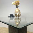 Grote Vintage Vierkante Glazen Tafel Zwart Marmeren Voet / Vintage Square Glass Table Marble Base thumbnail 15