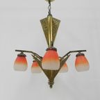 Messing Art Deco Hanglamp Met 5 "Pates De Verre" Kappen thumbnail 8