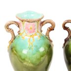 Franse Art Nouveau Barbotine Majolica Vaasjes Antiek Aardewerk 19cm thumbnail 2