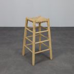 Set Of 4 Barstools In Wood And Cane, 1970s thumbnail 3