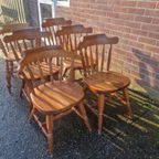 Zes Rustieke Grenen Eetkamer Stoelen. thumbnail 6