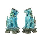 Koppel Vintage Chinese Komainu Guardian Lions Foo Dogs Blauw Aardewerk 20Cm thumbnail 5