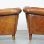 Set Van 2 Cognac-Kleurige, Karaktervolle Vintage Schapenleren Clubfauteuils thumbnail 5