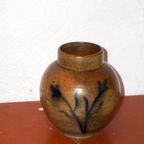 Stoneware Flower Vase * Vintage Brown Pottery Vase With Hand-Painted Blue Floral Design thumbnail 2