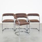 Set Van 4 Leuke Vintage Design Eetkamerstoelen Met Bruine Stoffen Bekleding thumbnail 2