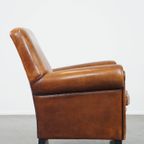 Comfortabele En Grote Vintage Cognac-Kleurige Schapenleren Fauteuil/Armchair Strak Afgewerkt thumbnail 4