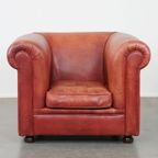 Klassieke, In Goede Staat Verkerende Gladde Rundleren Engelse Chesterfield Clubfauteuil thumbnail 6