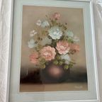 Vintage Aquarel Prent Pastelkleuren Schilderij Stilleven Prent, Bloemen In Vaas Ingelijst thumbnail 5