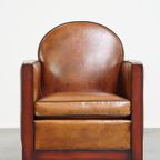 In Goede Staat Verkerende, Mooie, Cognac Kleurige, Schapenleren Art Deco Design Fauteuil thumbnail 3