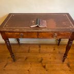 Magnifiek Bureau Werktafel Leer En Ingelegd Met Bladgoud 19e Eeuws Frans thumbnail 7