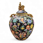 Large Famille Noir Chinese / Porcelain Ginger Jar / Hand Painted / Mille Fleur thumbnail 2