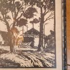 Linoleum Snede Boerderij Hollands Landschap. thumbnail 3