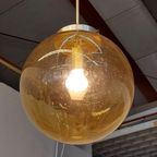 Vintage Hanglamp Messing Goudgeel Bol Glas thumbnail 7