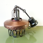 Vintage Brutalist Hanglamp Gehamerd Metaal Amberkleurig Glas Koperen Kap thumbnail 2