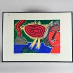 Corneille - Litho - Femme Et Oiseau Rouge - Ingelijst - 1998 thumbnail 3