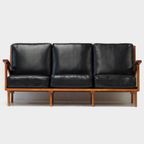 Vintage Lounge Bank Met Eiken Frame En Zwart Leer, 1960s thumbnail 4