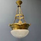 Grote Antieke Messing Hanglamp Met Geslepen Glas thumbnail 2